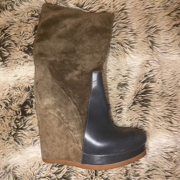 Jil Sander Brown Suede Black Leather Platform Wedge Boots Mid Calf Booties 36 6 - Picture 6 of 16